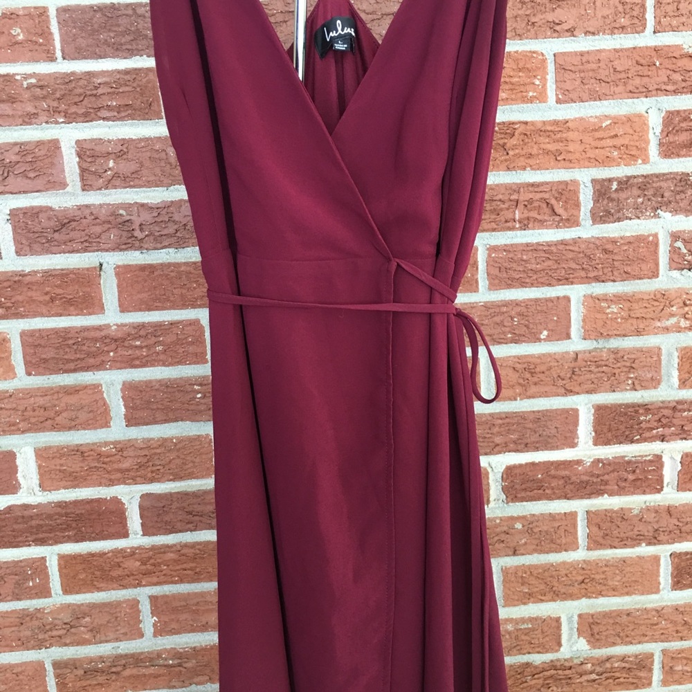 Lulu’s Here’s To Us High Low Wrap Dress Burgundy - Picture 4 of 13